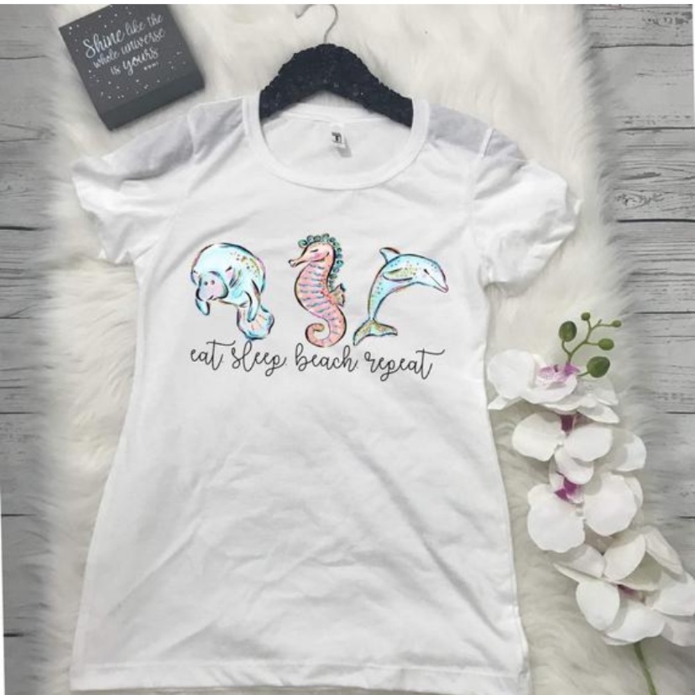 NWT Eat Sleep Beach Repeat Watercolor Graphic Tee